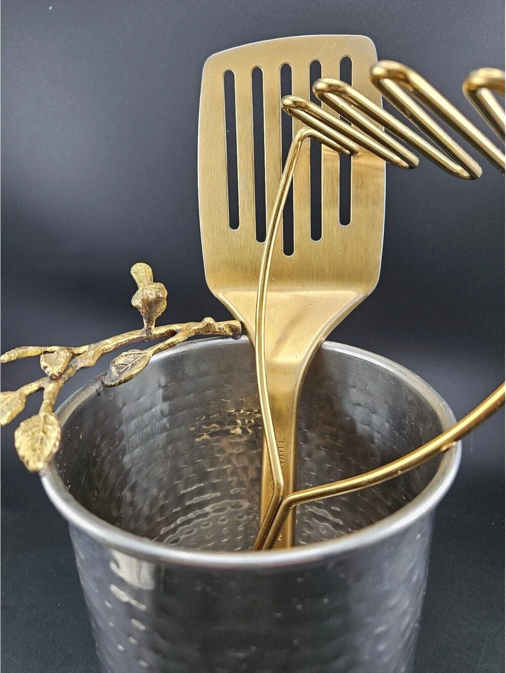 Thyme & Table Kitchen Set Gold Bird Branch Paper Towel Holder & Utensil Crock